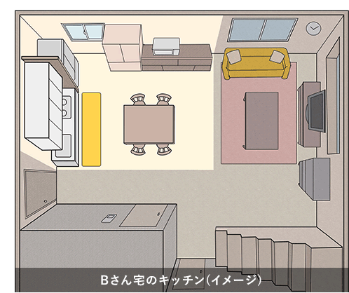 「広々空間、明るいキッチンがお気に入り！でもやっぱり丸見えが気になる～・・・（汗）。」間取り：5LDK（戸建て）※1階にリビングとキッチン キッチンがリビング内にある。
